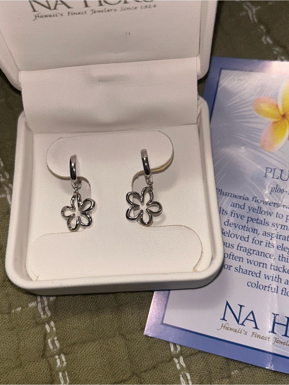 Na Hoku Sterling Silver Floating Plumeria Flower Drop Hoop Earrings Hawaii - Picture 4 of 7
